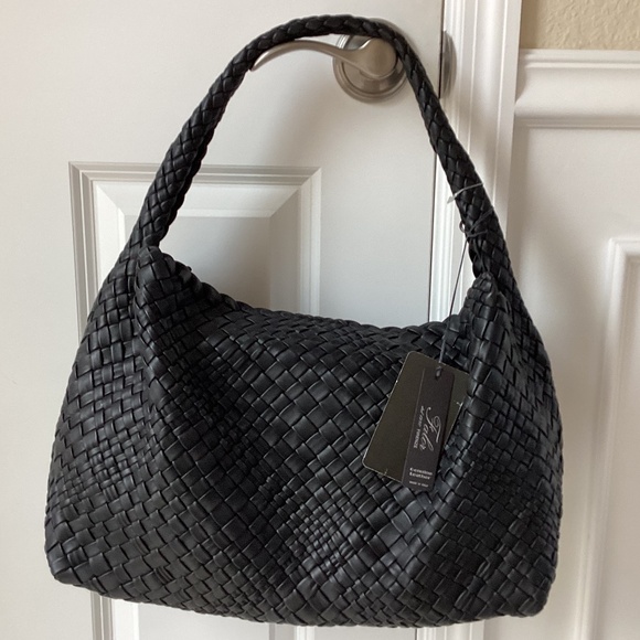 Falor Italy Handmade Black Woven Leather Large Shoulder Hobo Bag Magnetic Close - Picture 11 of 16